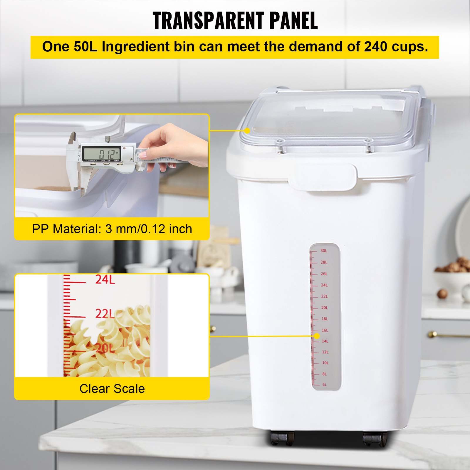 El contenedor de almacenamiento de ingredientes VEVOR presenta una capacidad de 50 l, una escala transparente y un material PP duradero.