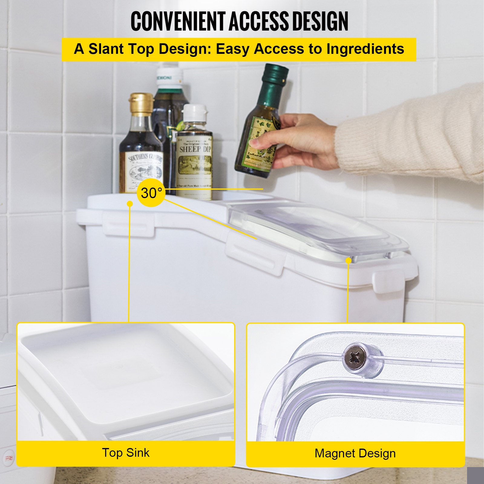 Contenedor de almacenamiento de ingredientes VEVOR con diseño de tapa inclinada de fácil acceso y sello magnético.