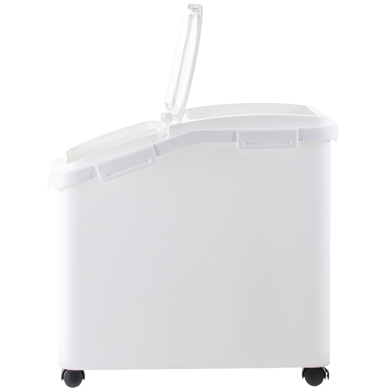 Contenedor de almacenamiento de ingredientes VEVOR blanco con tapa transparente y ruedas para facilitar su movilidad