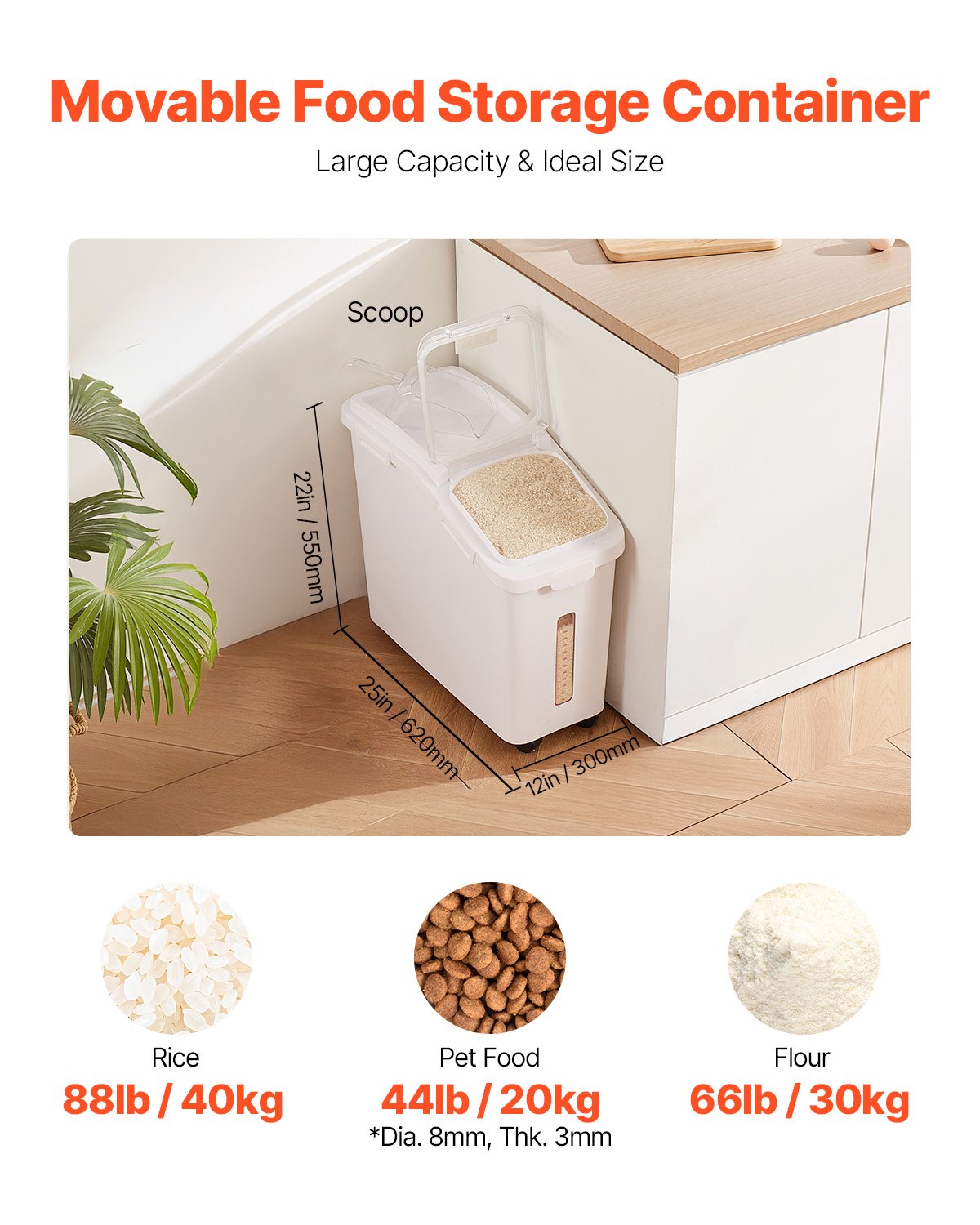 VEVOR Contenedor de Cereales 50 L/11,4 Gal Caja de Almacenamiento de Arroz Material de PP+PET, Dispensador de Arroz Espesor de 3 mm con Panel de Escala Precisa y Gran Capacidad para Cocina, Blanco