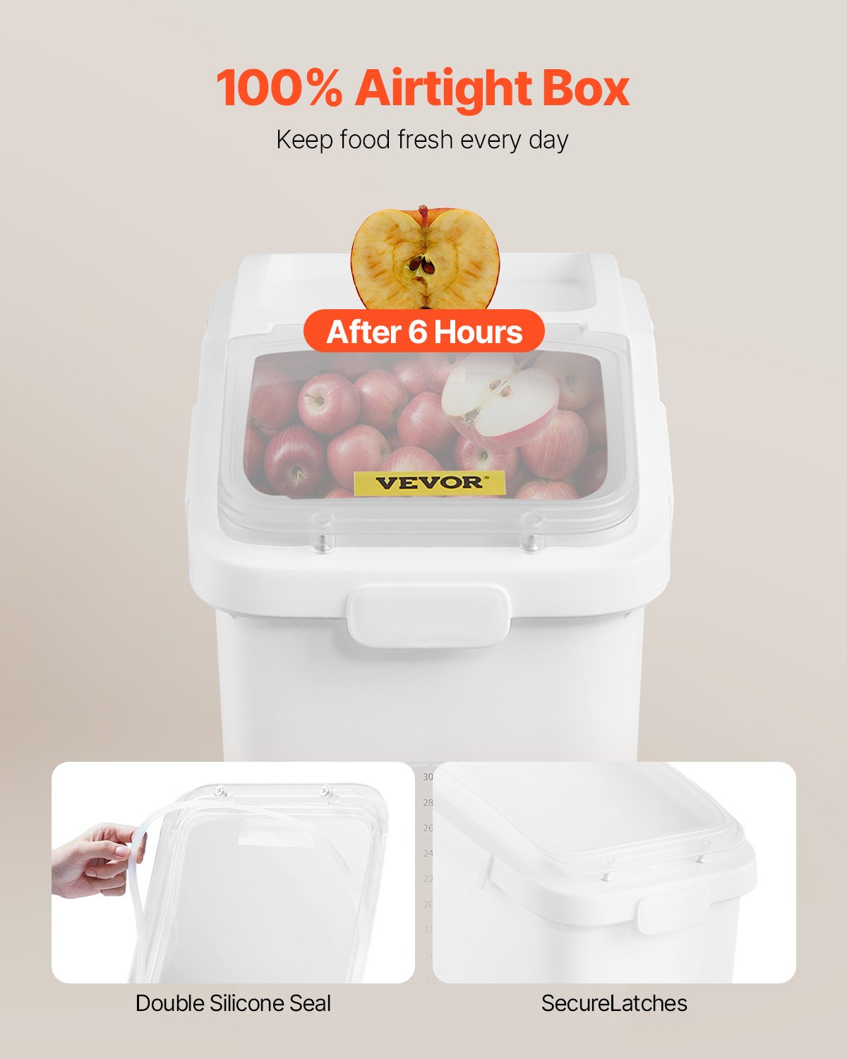 VEVOR Contenedor de Cereales 50 L/11,4 Gal Caja de Almacenamiento de Arroz Material de PP+PET, Dispensador de Arroz Espesor de 3 mm con Panel de Escala Precisa y Gran Capacidad para Cocina, Blanco