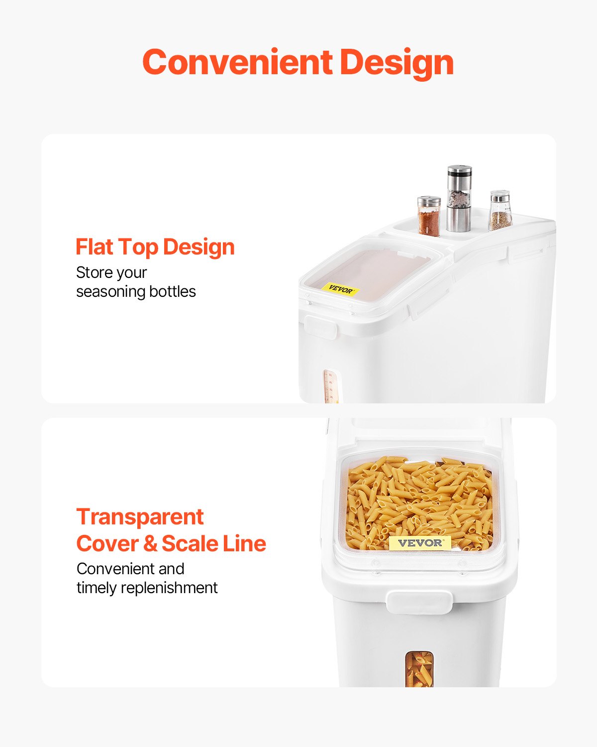 VEVOR Contenedor de Cereales 50 L/11,4 Gal Caja de Almacenamiento de Arroz Material de PP+PET, Dispensador de Arroz Espesor de 3 mm con Panel de Escala Precisa y Gran Capacidad para Cocina, Blanco