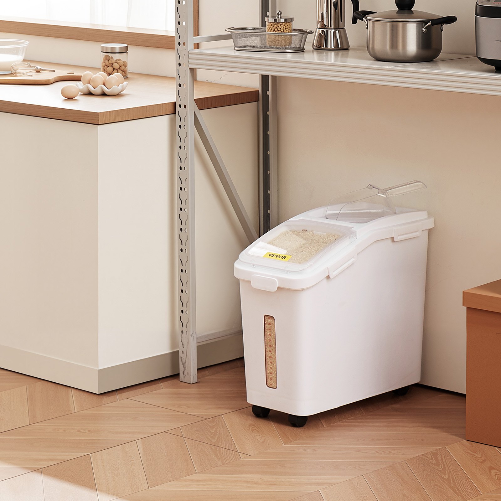 VEVOR Contenedor de Cereales 50 L/11,4 Gal Caja de Almacenamiento de Arroz Material de PP+PET, Dispensador de Arroz Espesor de 3 mm con Panel de Escala Precisa y Gran Capacidad para Cocina, Blanco