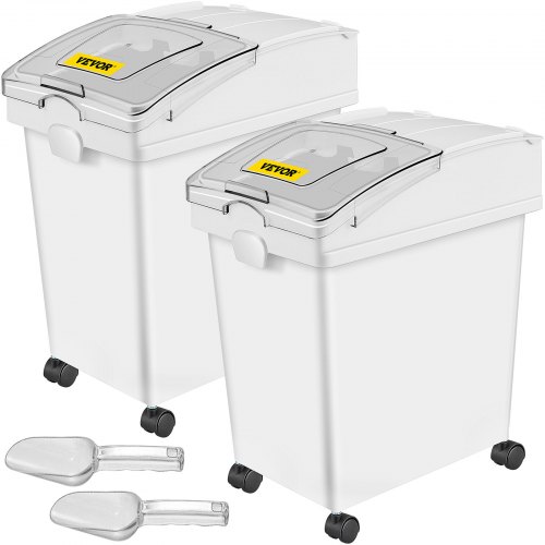 VEVOR Contenedor de Harina 15kg, Contenedor de Arroz 2 piezas / juego con Tapas y Ruedas Blanco, Contenedor de Almacenamiento de Arroz con 4 Ruedas Giratorias, Alimento Caja de Almacenamiento