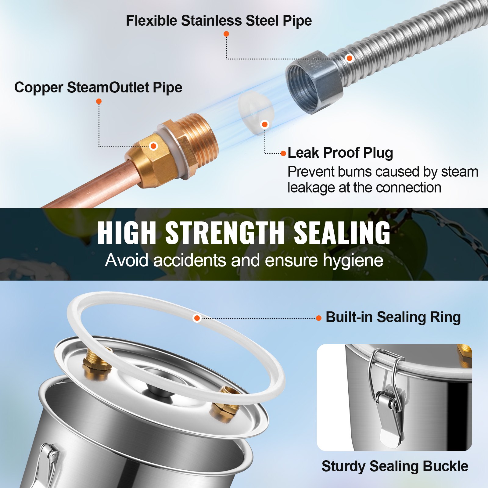 VEVOR Destilador de Alcohol, de Acero Inoxidable de 50 L con Bobina de Cobre, Kit de Destilador de Doble Condensador con Destilación Secundaria, para Vino, Whisky, Brandy, Plateado, 0 ℃ ～ 200 ℃