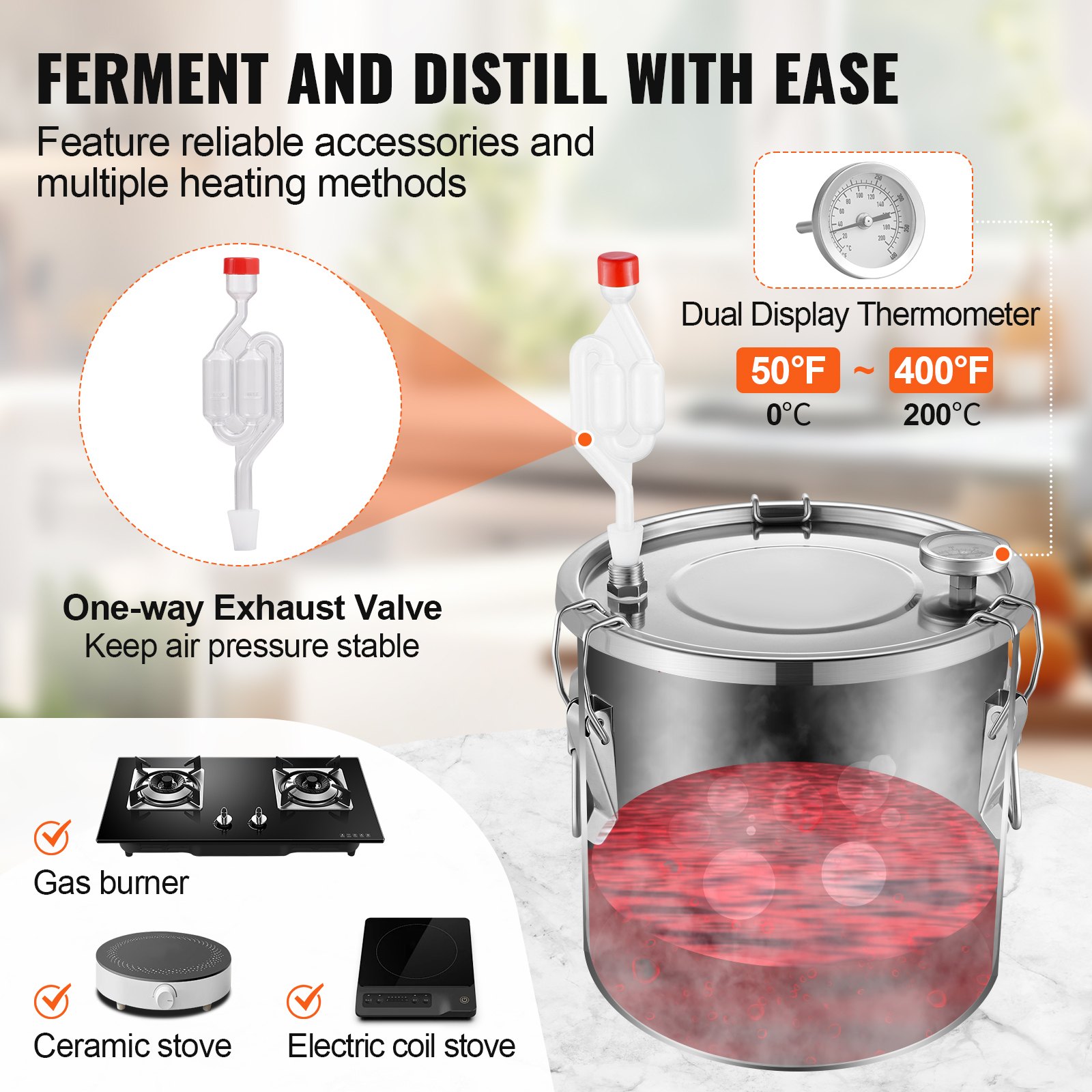VEVOR Destilador de Alcohol, de Acero Inoxidable de 11,4 L, Kit de Fermentación para Refinación de Cerveza Casera con Termómetro de Doble Pantalla, para Vino, Whisky, Brandy, Plata, Φ 250 x 360 mm