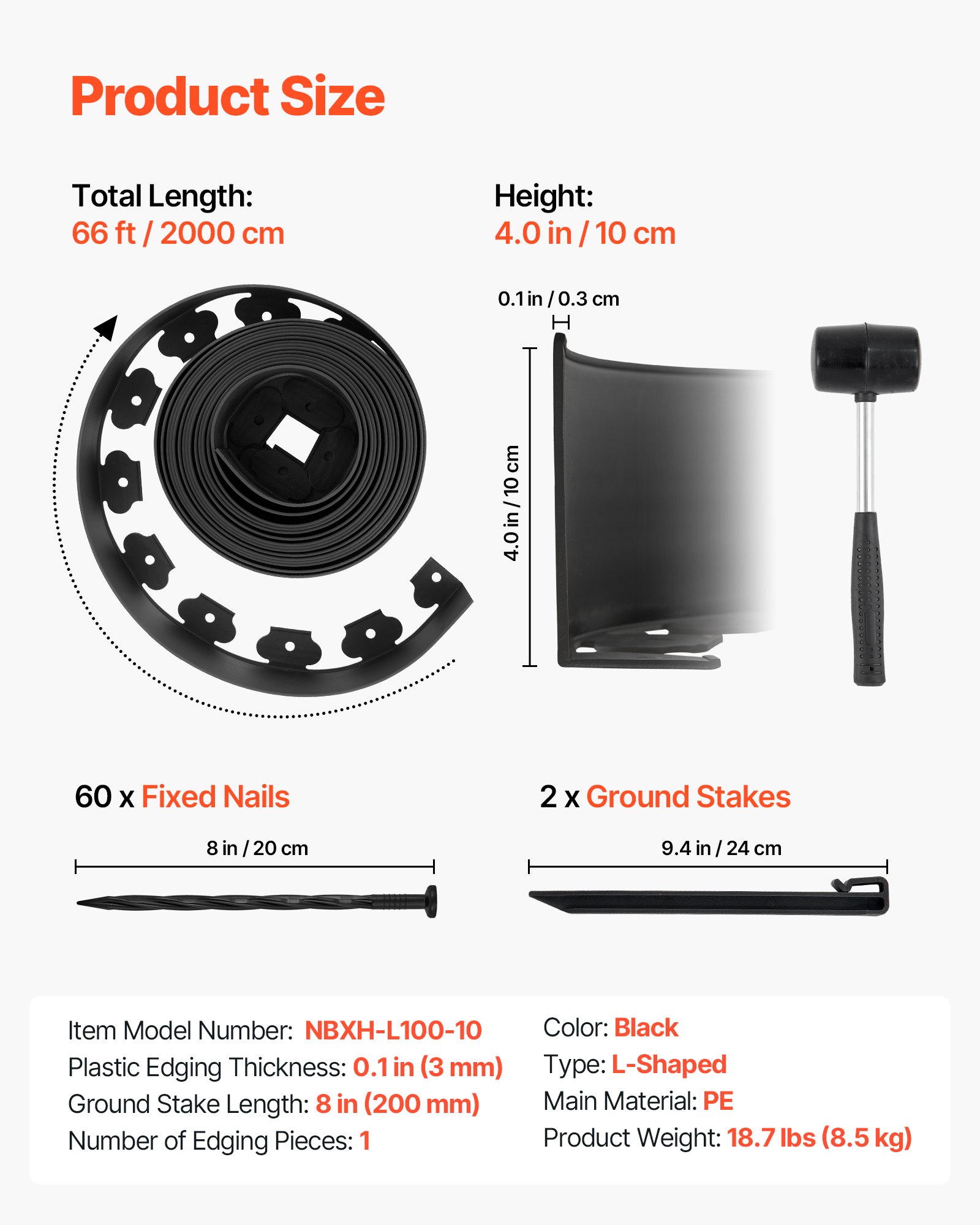 VEVOR Landscape Edging, 2000 x 10 cm Plastic Garden Border Edging with 30 Spikes & 2 Ground Stakes, No Dig, Flexible Lawn Edgings Roll, UV-Resistant Mini Fence Borders for Flower Beds Yard Paver