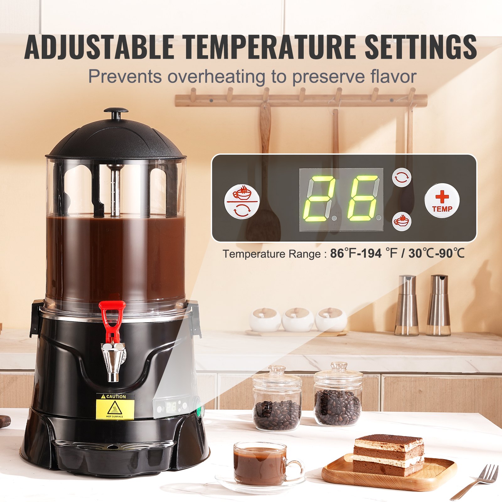 Dispensador de chocolate caliente VEVOR, máquina de chocolate caliente de 10 L con rango de temperatura ajustable de 30 ℃ a 90 ℃, máquina para hacer chocolate caliente con tanque ABS de alta calidad con dispensador, para bebidas calientes