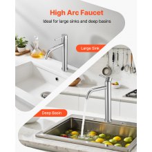 VEVOR Grifo Monomando para Fregadero de Cocina, Cromado Plateado, Acero Inoxidable 304 con Manguera Trenzada, con Botón de Drenaje, para Baño, Caravana, Bar, Grifo Arco Alto, 355 x 200 x 53 mm