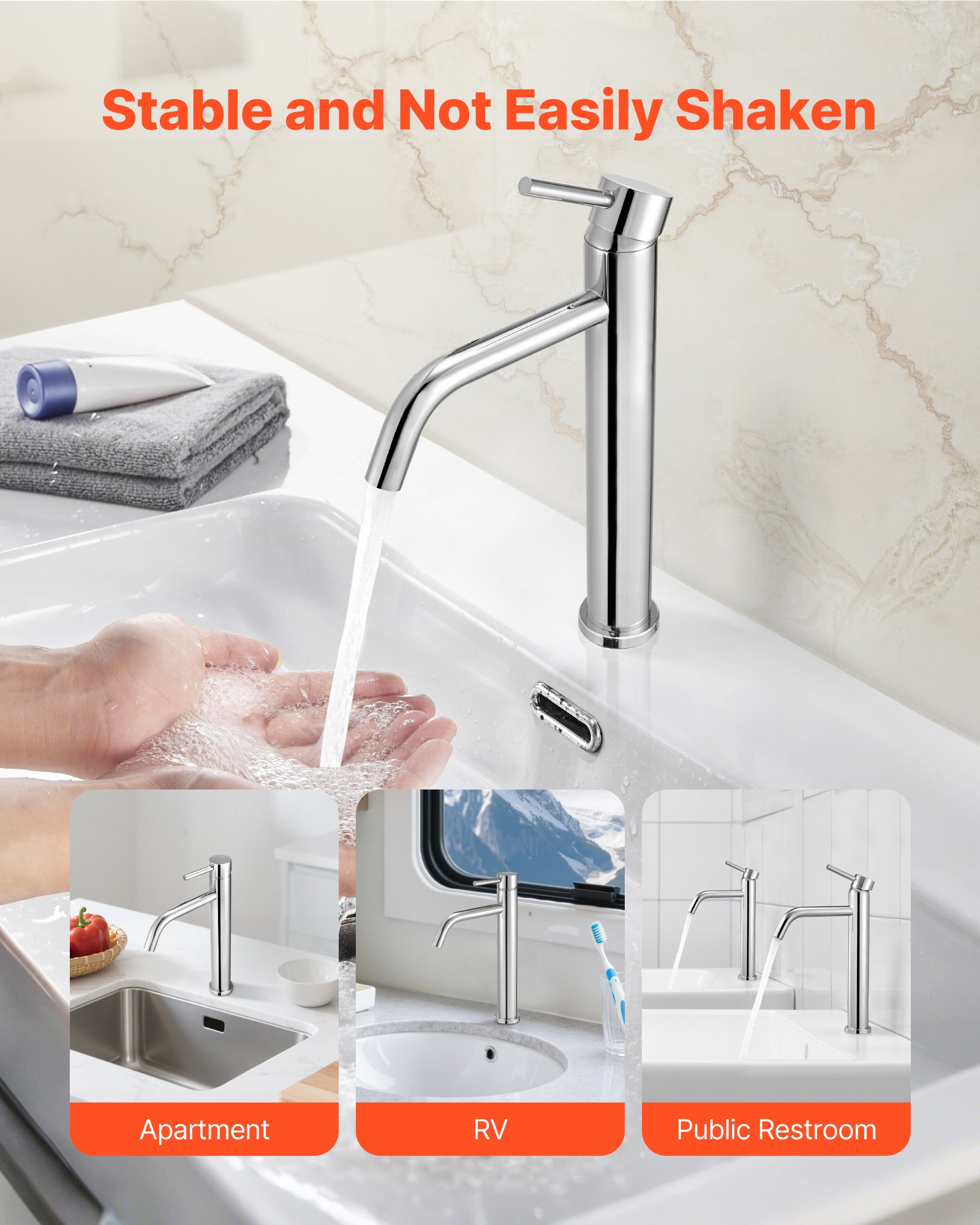 VEVOR Grifo Monomando para Fregadero de Cocina, Cromado Plateado, Acero Inoxidable 304 con Manguera Trenzada, con Botón de Drenaje, para Baño, Caravana, Bar, Grifo Arco Alto, 355 x 200 x 53 mm