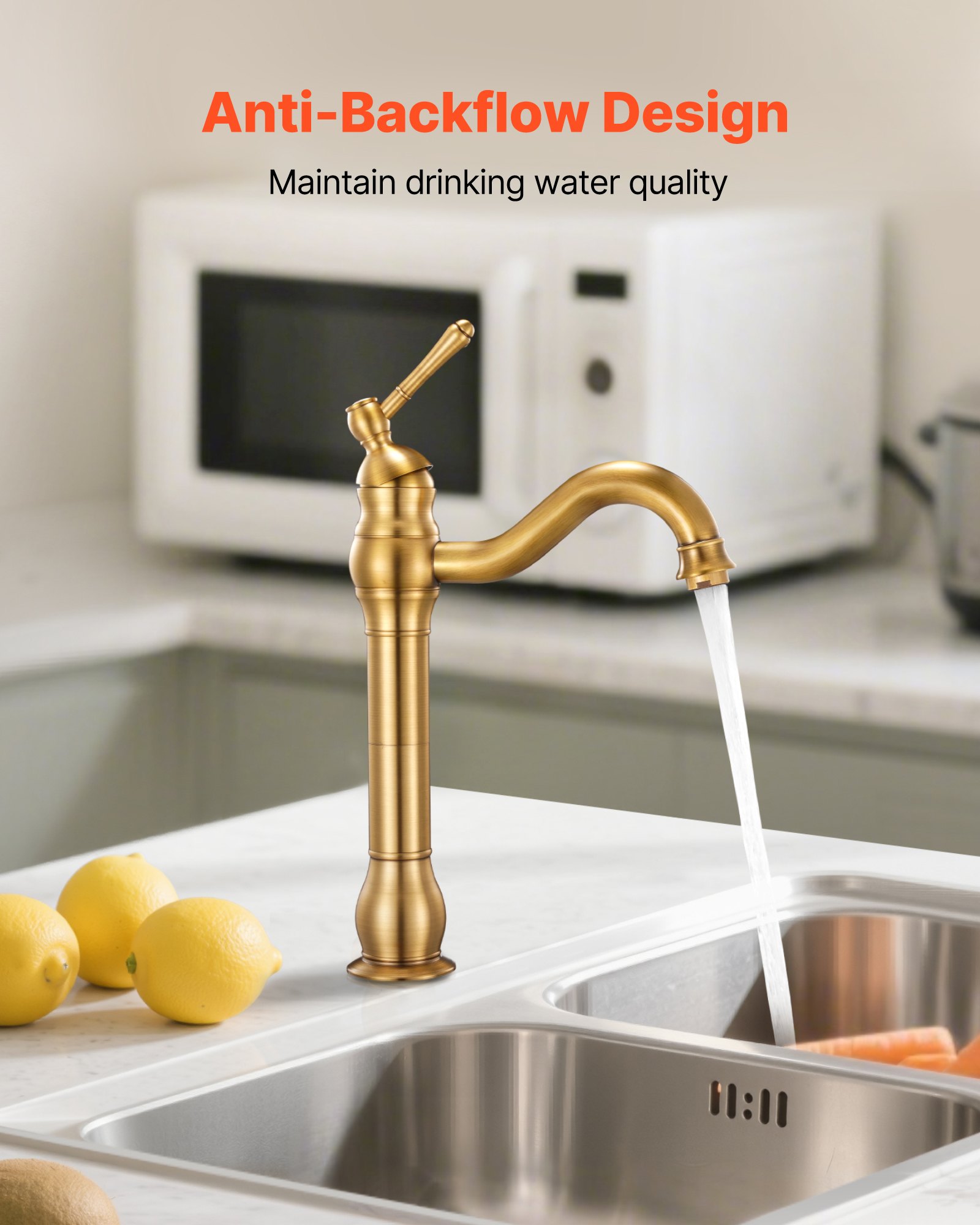 VEVOR Grifo Monomando para Lavabo con Botón Pulsador, Grifo para Fregadero de Cocina, Mezclador Monomando para Baño, Fregadero de Caravana, Carcasa de Latón, Dorado Antiguo, 395 x 220 x 62 mm