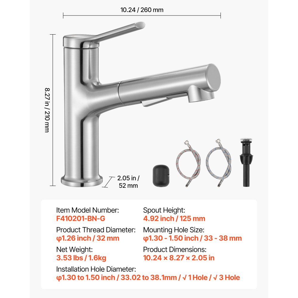 VEVOR Grifo de Lavabo en Níquel Cepillado y Acero Inoxidable, Grifo de Cocina con Rociador Extraíble, Mezclador Monomando para Baño, Caravana, Bar, Resistente a la Corrosión, 260 x 210 x 52 mm