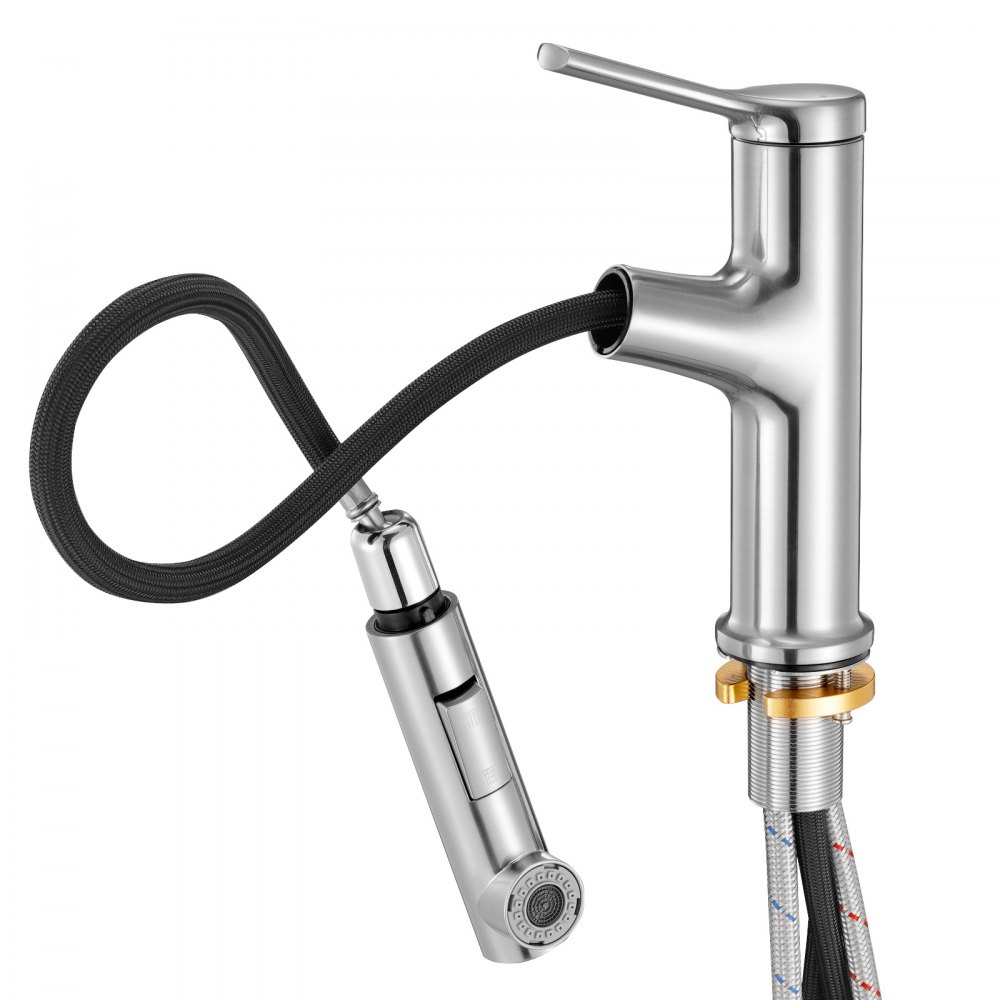 VEVOR Grifo de Lavabo en Níquel Cepillado y Acero Inoxidable, Grifo de Cocina con Rociador Extraíble, Mezclador Monomando para Baño, Caravana, Bar, Resistente a la Corrosión, 260 x 210 x 52 mm