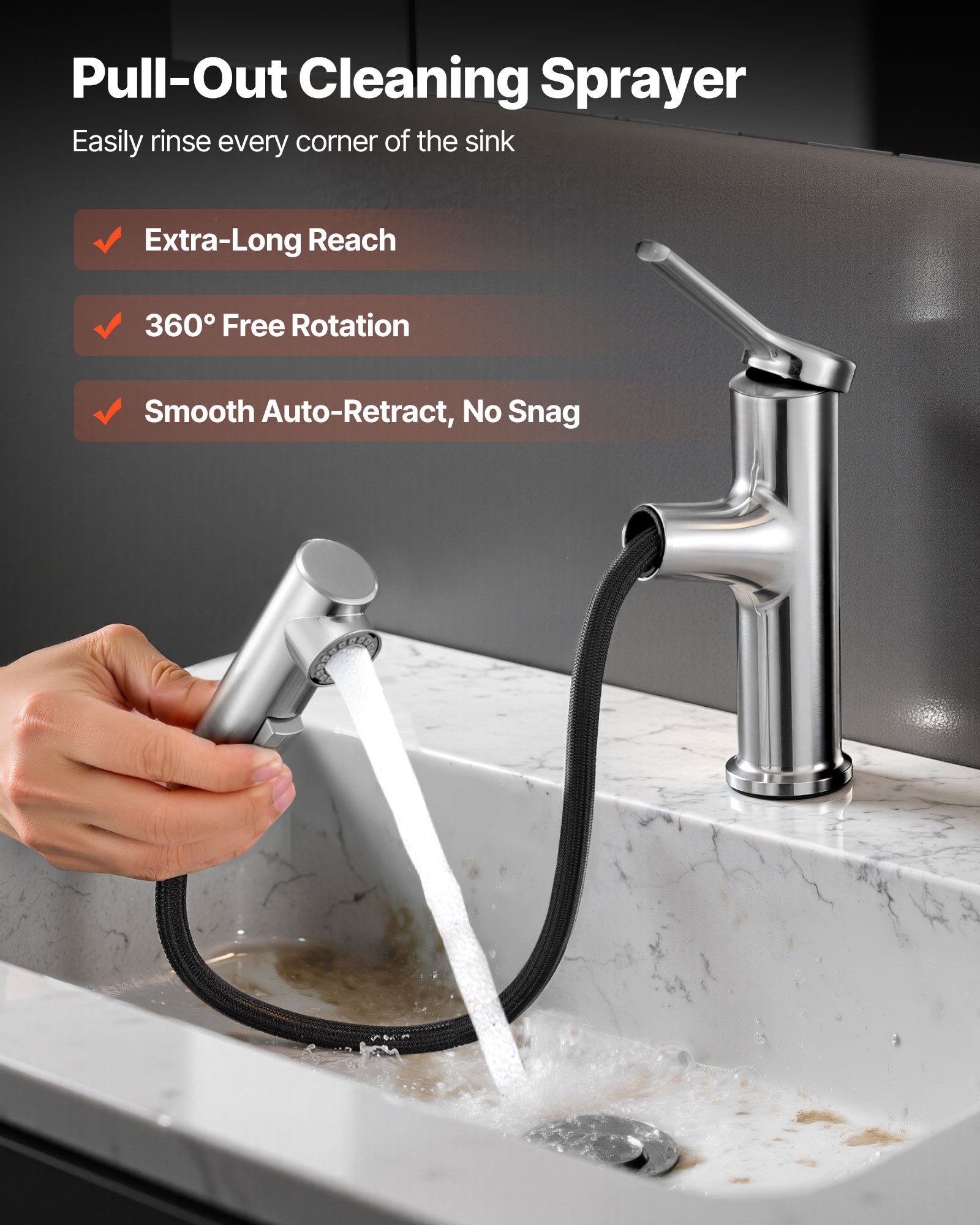 VEVOR Grifo de Lavabo en Níquel Cepillado y Acero Inoxidable, Grifo de Cocina con Rociador Extraíble, Mezclador Monomando para Baño, Caravana, Bar, Resistente a la Corrosión, 260 x 210 x 52 mm