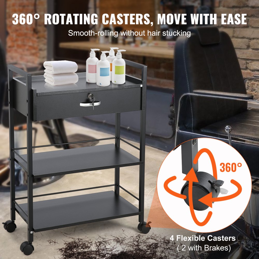 VEVOR Carrito de Salón de belleza, 3 niveles de Estantes con Cajón con Cerradura, Carro de Almacenamiento de MDF con 4 Ruedas, 2 con Cerradura para Peluquería, Salón de tatuaje, SPA, Salón de Belleza