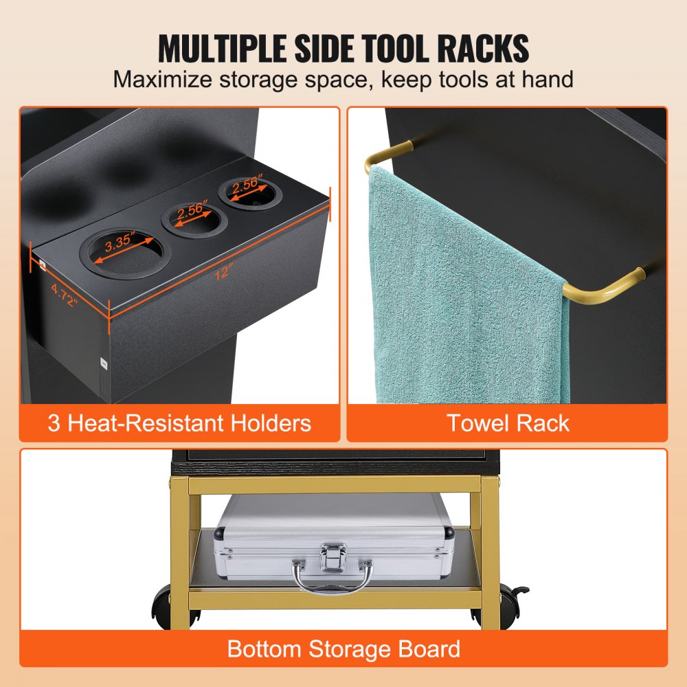 VEVOR Carrito para Salón de belleza y Peluquería con Tapa de Vidrio con 3 Cajones y Soporte para Secador, Carro de MDF con 4 Ruedas, 2 con Cerradura para Peluquería, SPA, Salón de Belleza