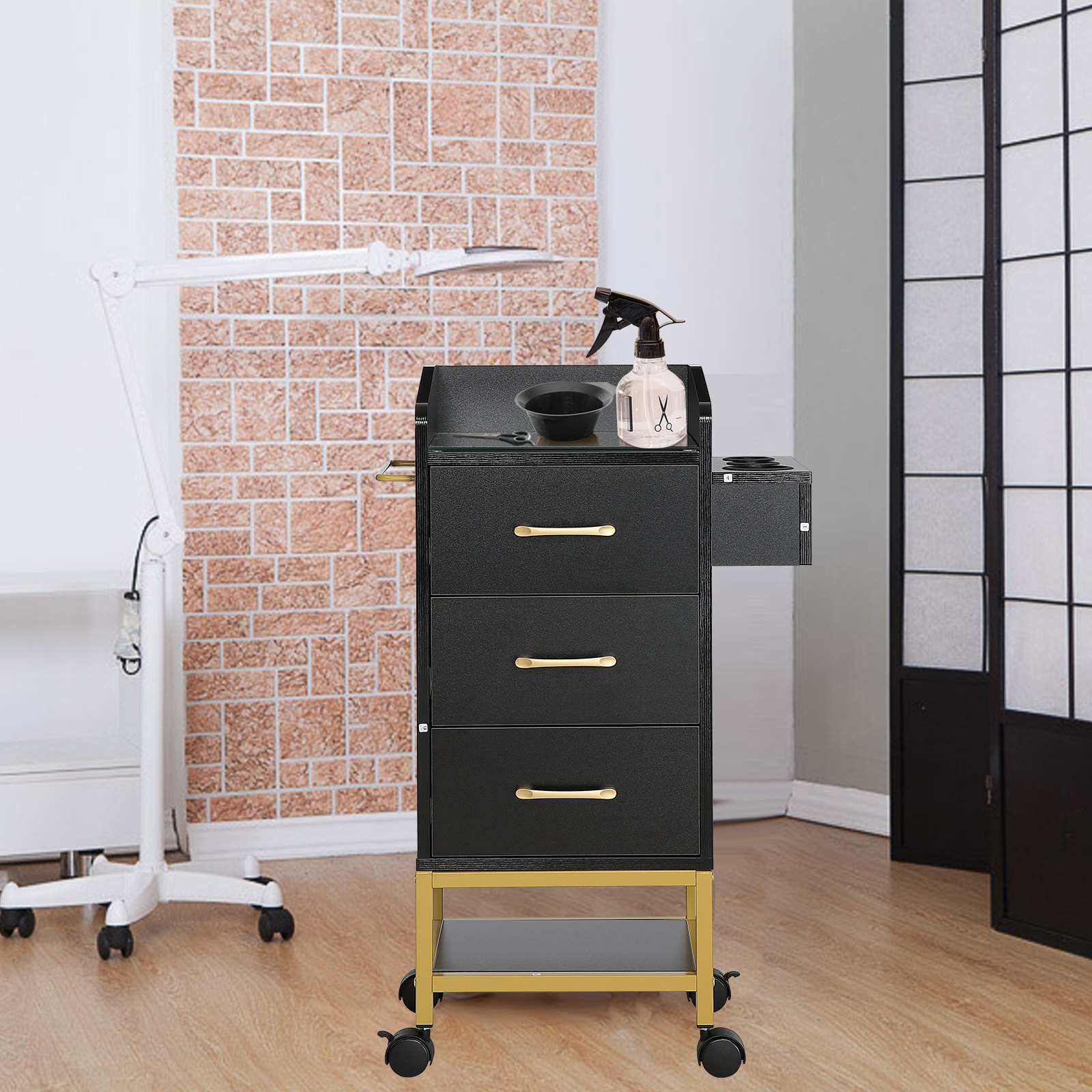 VEVOR Carrito para Salón de belleza y Peluquería con Tapa de Vidrio con 3 Cajones y Soporte para Secador, Carro de MDF con 4 Ruedas, 2 con Cerradura para Peluquería, SPA, Salón de Belleza