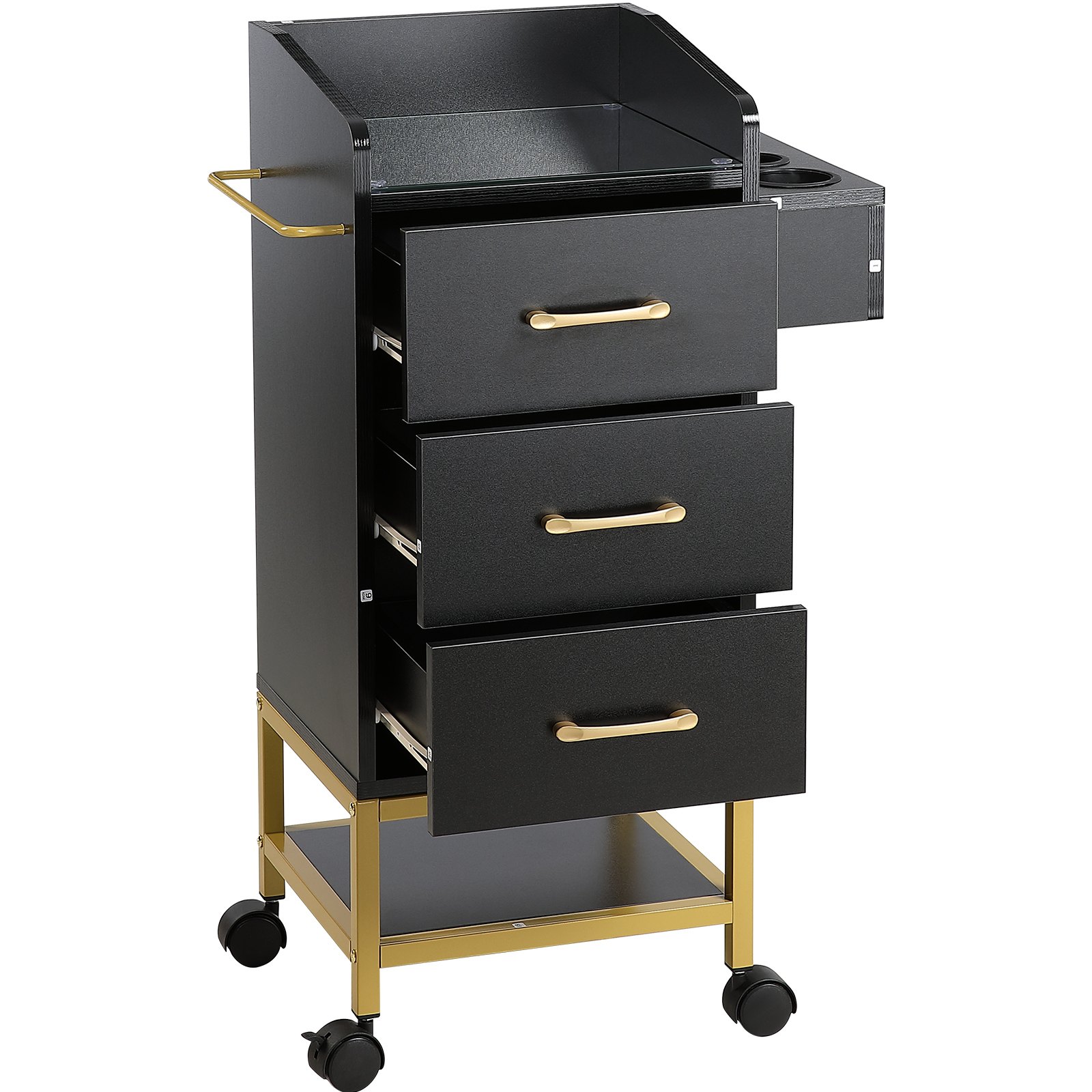 VEVOR Carrito para Salón de belleza y Peluquería con Tapa de Vidrio con 3 Cajones y Soporte para Secador, Carro de MDF con 4 Ruedas, 2 con Cerradura para Peluquería, SPA, Salón de Belleza