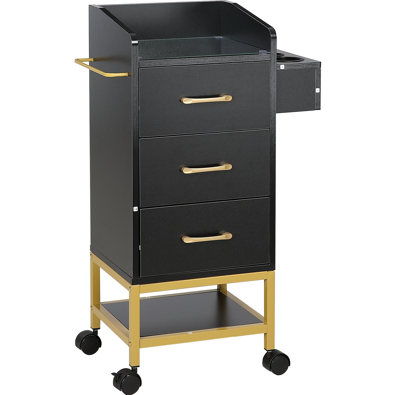 VEVOR Carrito para Salón de belleza y Peluquería con Tapa de Vidrio con 3 Cajones y Soporte para Secador, Carro de MDF con 4 Ruedas, 2 con Cerradura para Peluquería, SPA, Salón de Belleza