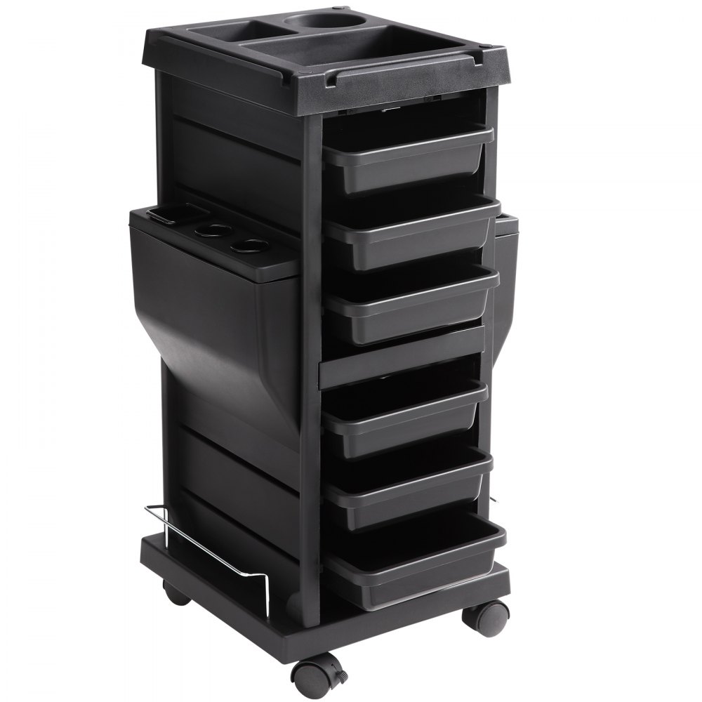 Carrito de salón VEVOR negro con múltiples cajones de almacenamiento y compartimentos sobre ruedas.