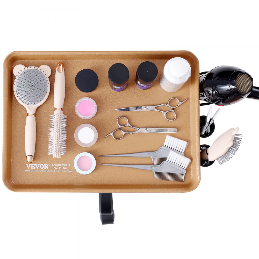 VEVOR Carro de Bandeja de Salón Altura Ajustable 762-1092,2mm Bandeja de Salón de Tatuajes con Placa 457x330mm Laminada en Frío con 5 Ruedas 2 con Cerradura para Clínica Peluquería Spa, Dorado y Negro