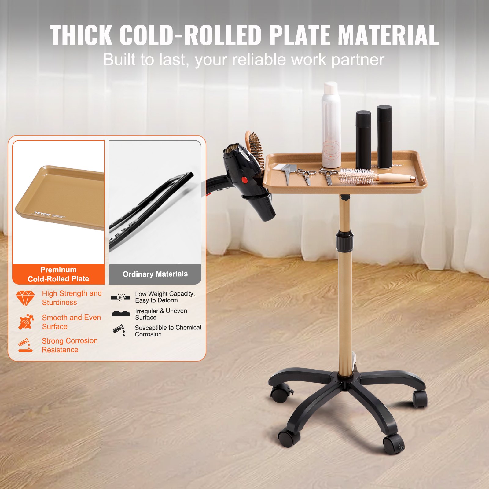 VEVOR Carro de Bandeja de Salón Altura Ajustable 762-1092,2mm Bandeja de Salón de Tatuajes con Placa 457x330mm Laminada en Frío con 5 Ruedas 2 con Cerradura para Clínica Peluquería Spa, Dorado y Negro