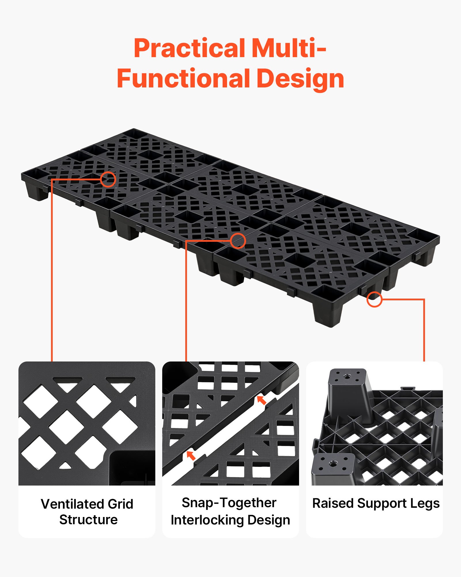 VEVOR Palet de Plástico, Capacidad de 1000 kg/m², Palet de Almacenamiento Apilable con Rejilla Ventilada, Superficie Antideslizante para Almacén Logística Uso Doméstico, 500 x 305 x 100 mm, 6 Unidades