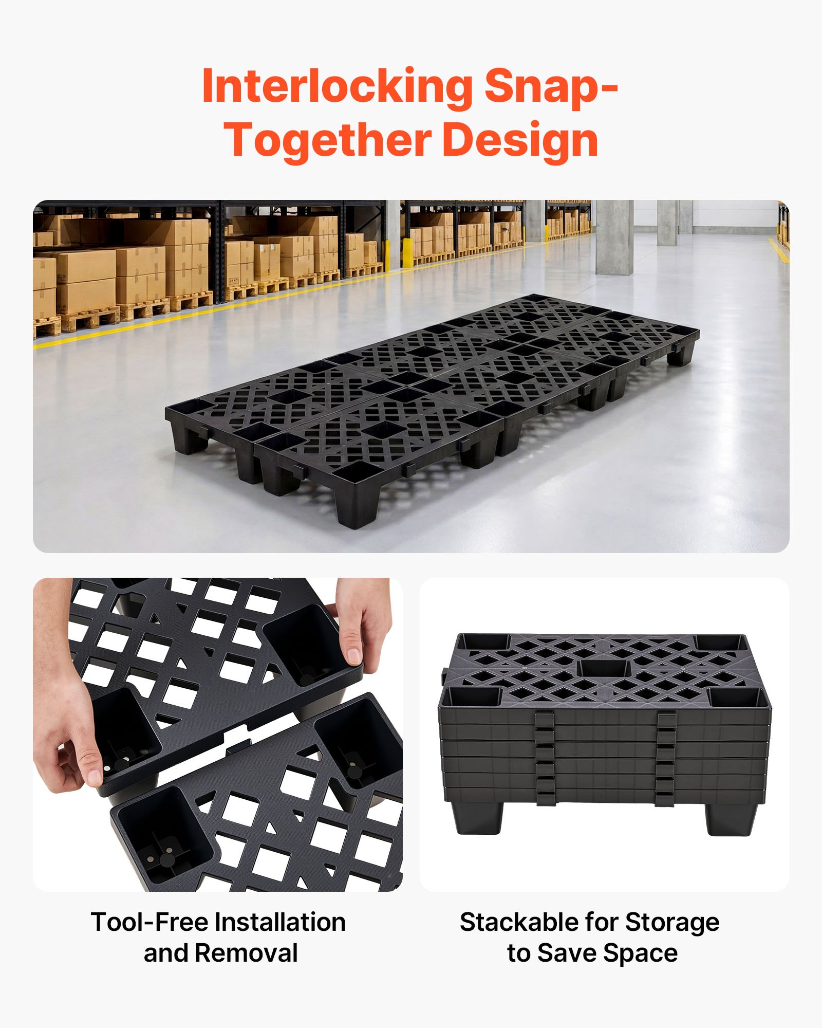 VEVOR Palet de Plástico, Capacidad de 1000 kg/m², Palet de Almacenamiento Apilable con Rejilla Ventilada, Superficie Antideslizante para Almacén Logística Uso Doméstico, 500 x 305 x 100 mm, 6 Unidades