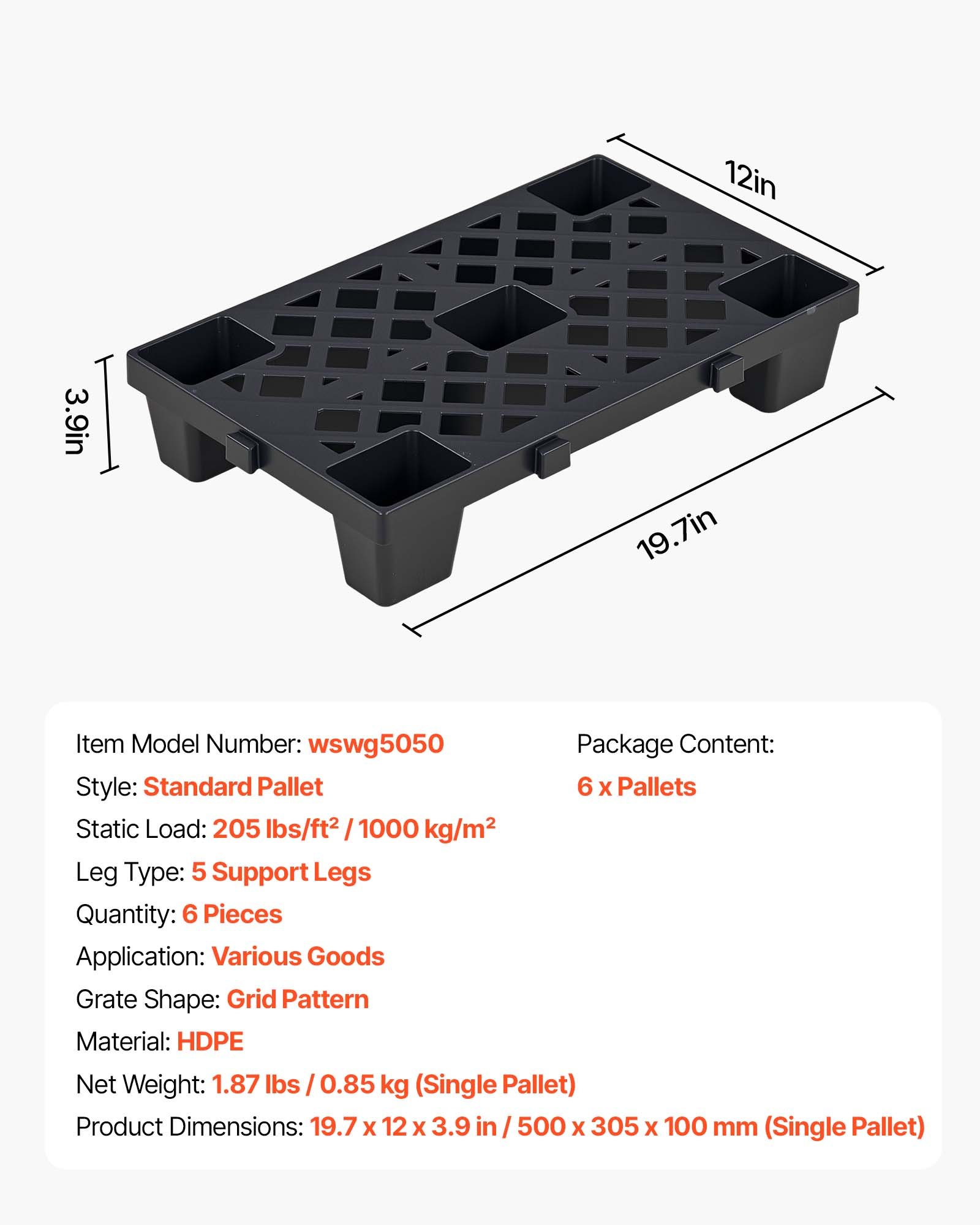VEVOR Palet de Plástico, Capacidad de 1000 kg/m², Palet de Almacenamiento Apilable con Rejilla Ventilada, Superficie Antideslizante para Almacén Logística Uso Doméstico, 500 x 305 x 100 mm, 6 Unidades
