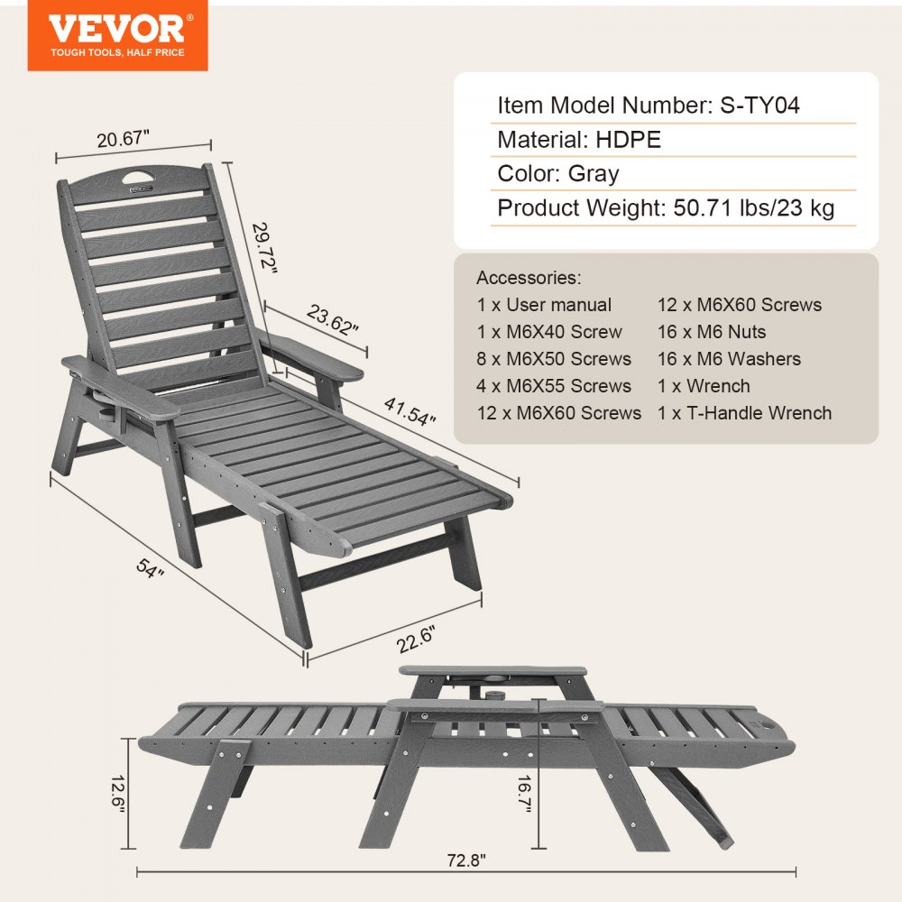 Sillón reclinable VEVOR, capacidad de peso de 450 libras, sillón reclinable ajustable para exteriores con respaldo de 6 posiciones, sillón reclinable de HDPE con portavasos para piscina, terraza, patio trasero, césped, gris