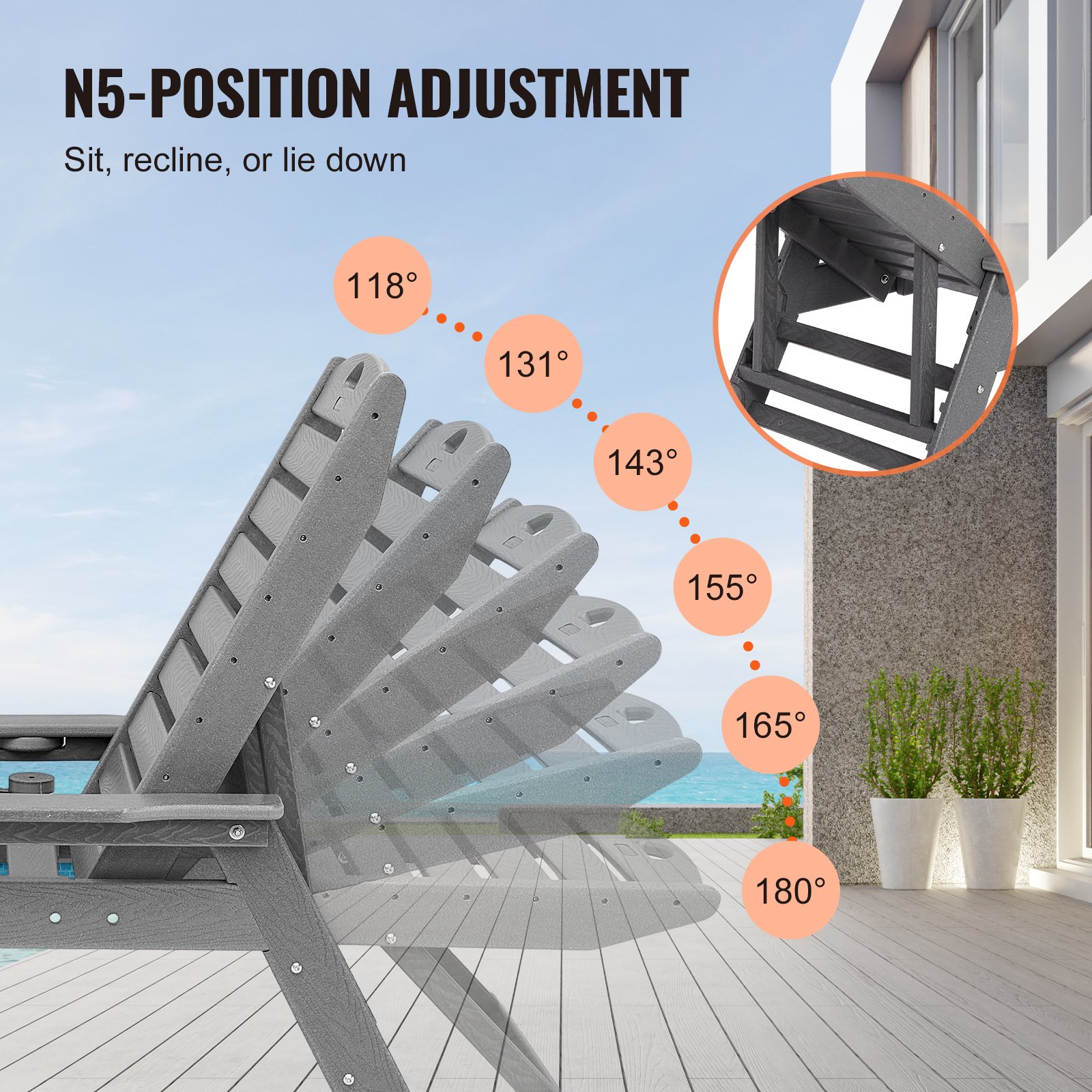 Sillón reclinable VEVOR, capacidad de peso de 450 libras, sillón reclinable ajustable para exteriores con respaldo de 6 posiciones, sillón reclinable de HDPE con portavasos para piscina, terraza, patio trasero, césped, gris