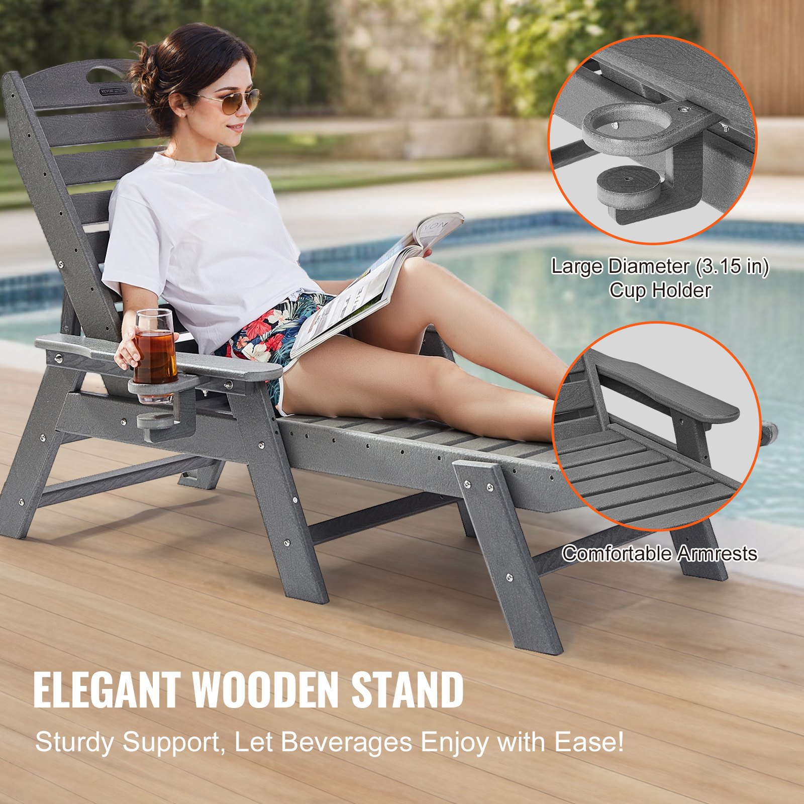 Sillón reclinable VEVOR, capacidad de peso de 450 libras, sillón reclinable ajustable para exteriores con respaldo de 6 posiciones, sillón reclinable de HDPE con portavasos para piscina, terraza, patio trasero, césped, gris