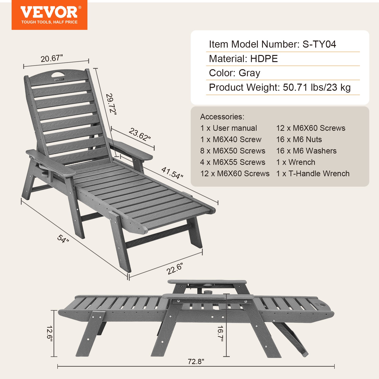 Sillón reclinable VEVOR, capacidad de peso de 450 libras, sillón reclinable ajustable para exteriores con respaldo de 6 posiciones, sillón reclinable de HDPE con portavasos para piscina, terraza, patio trasero, césped, gris