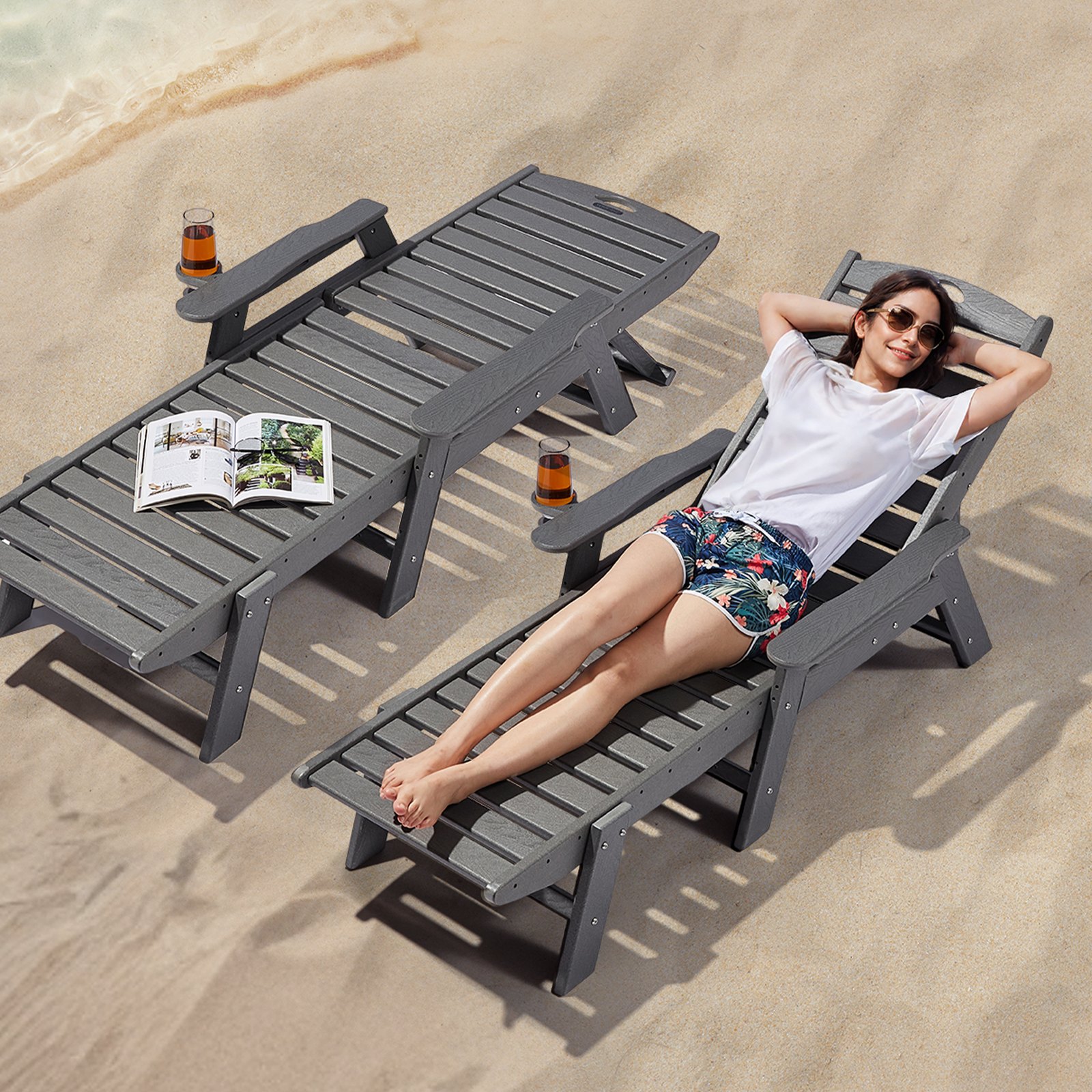 Sillón reclinable VEVOR, capacidad de peso de 450 libras, sillón reclinable ajustable para exteriores con respaldo de 6 posiciones, sillón reclinable de HDPE con portavasos para piscina, terraza, patio trasero, césped, gris