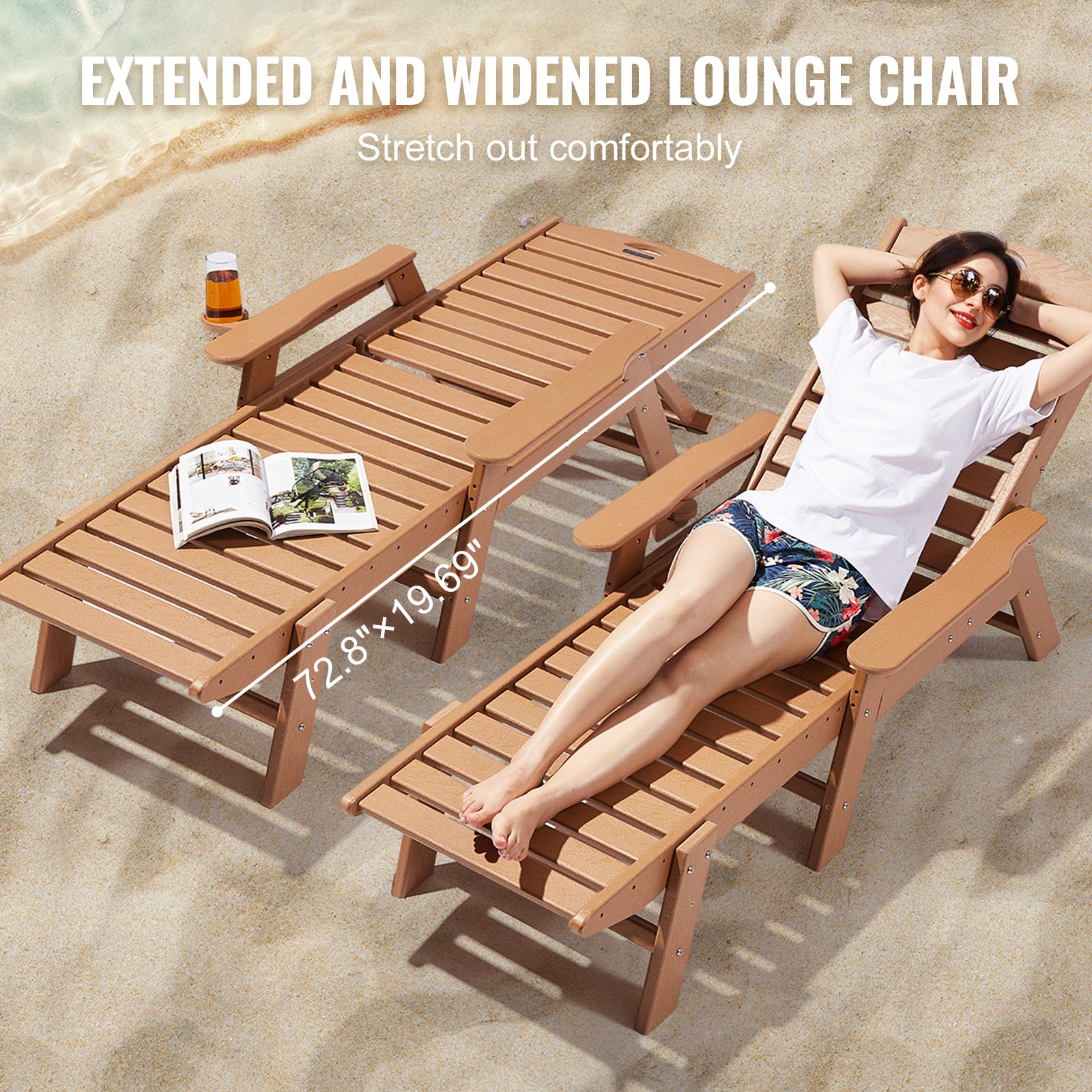 VEVOR Chaise Lounge Chair, Capacidad de peso de 450 lb, Sillón de patio ajustable para exteriores con respaldo de 6 posiciones, Sillón de HDPE con portavasos para piscina, terraza, patio trasero, césped, marrón