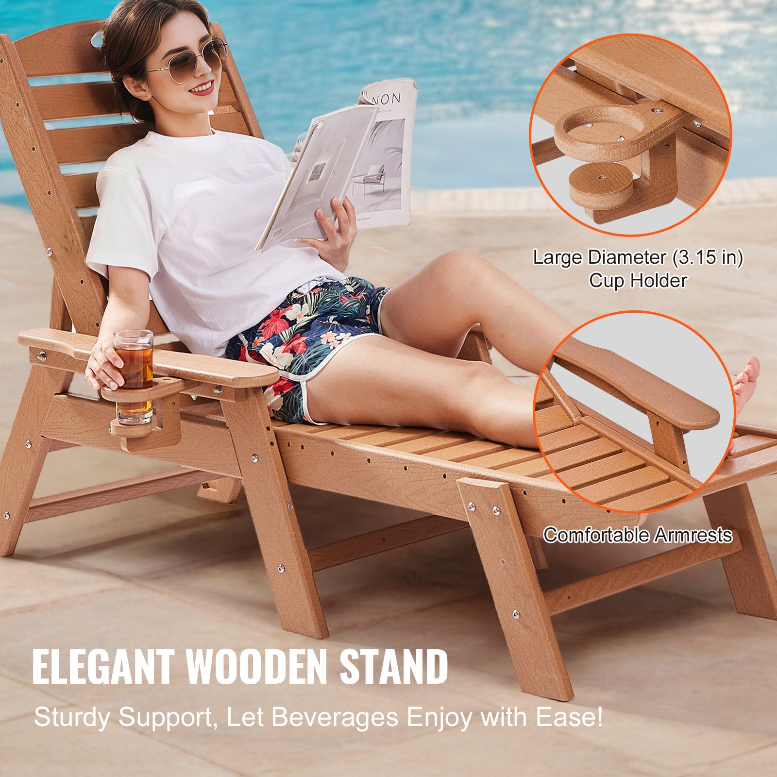 VEVOR Chaise Lounge Chair, Capacidad de peso de 450 lb, Sillón de patio ajustable para exteriores con respaldo de 6 posiciones, Sillón de HDPE con portavasos para piscina, terraza, patio trasero, césped, marrón
