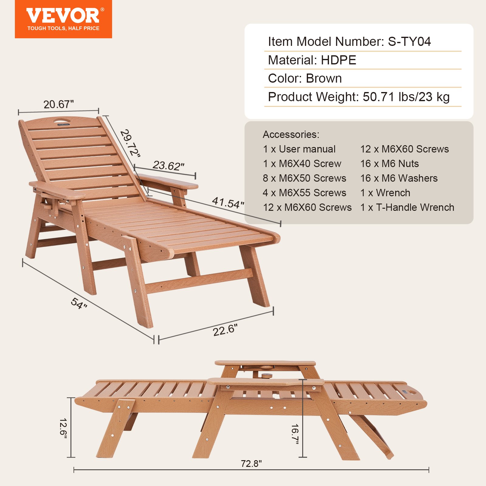 VEVOR Chaise Lounge Chair, Capacidad de peso de 450 lb, Sillón de patio ajustable para exteriores con respaldo de 6 posiciones, Sillón de HDPE con portavasos para piscina, terraza, patio trasero, césped, marrón