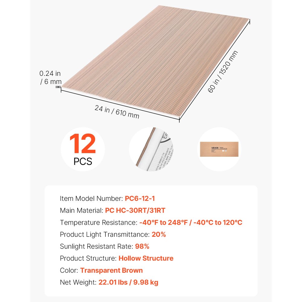 VEVOR Paneles de Techo de Policarbonato de Doble Pared 1520 x 610 x 6 mm, 12 Piezas, Láminas Alveolares con Aislamiento Térmico y Resistencia a Impactos, para Invernadero, Pérgola, Patio, Gallinero