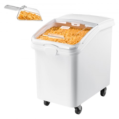 VEVOR Contenedor de Almacenamiento de Arroz 120 L de PP, Recipiente para Cereales, Granos, Ingredientes, Comida de Mascotas, con Ruedas, Cuchara y Tapa Deslizante, para Despensa de Cocina, Blanco