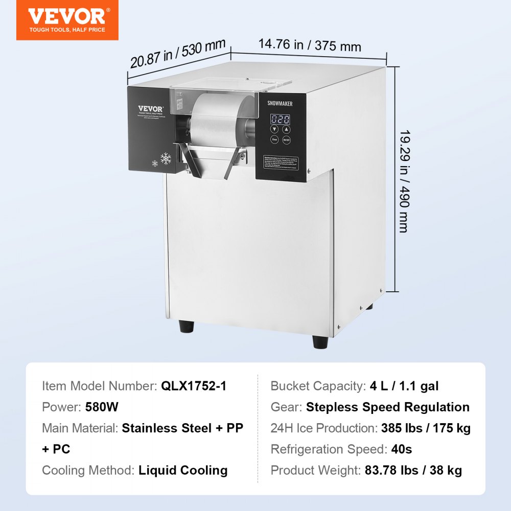 VEVOR Máquina de Hielo en Forma de Copos de Nieve 175kg/24h Máquina para Raspar Hielo Acero Inoxidable Sistema de Enfriamiento por Aire para Rápida Disipación del Calor para Panaderías, Cafeterías