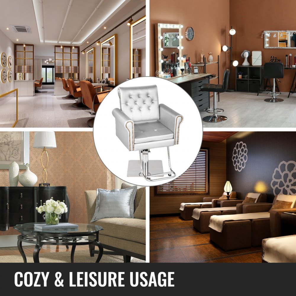 VEVOR Sillas de Peluquería, Sillón Barbero para Salón 65 x 50 x 91-105 cm, Plata