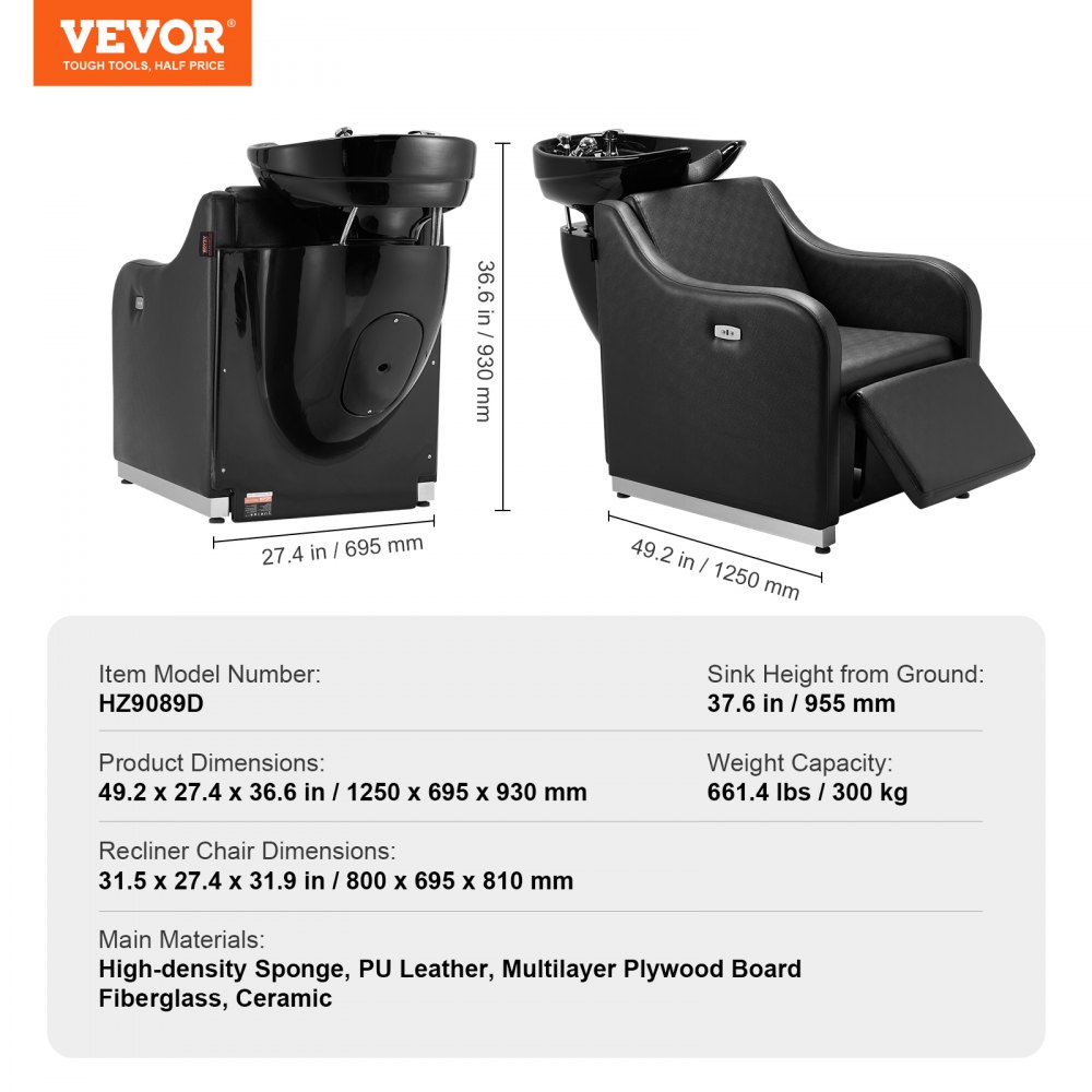 VEVOR Shampoo Backwash Chair, 300 kg Hair Washing Station for Hair Salons with Electrically Adjustable Footrest and Ceramic Bowl, Backwash Shampoo Chair for Salons, Beauty Spa Hairdresser Massager