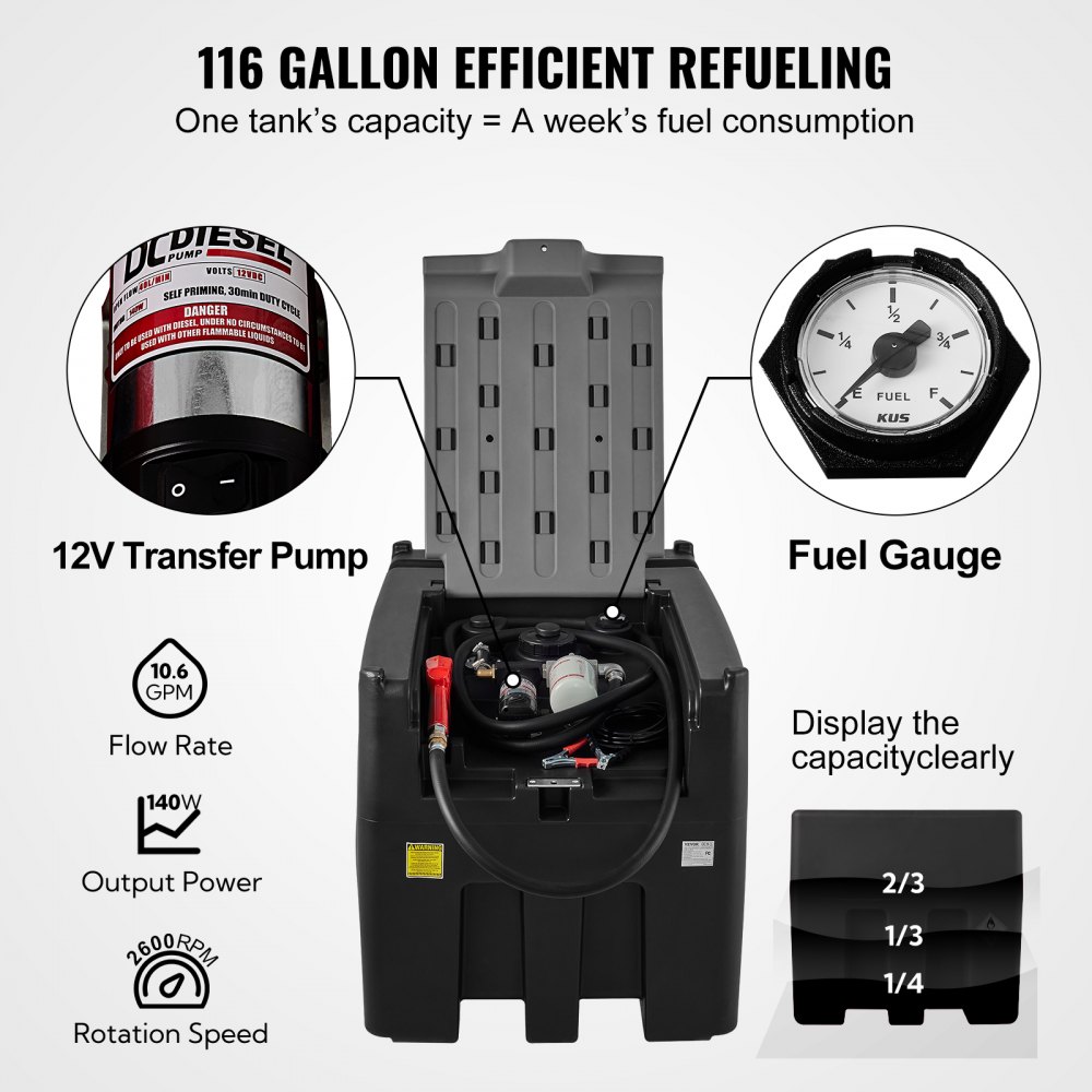 VEVOR Tanque de Diésel Portátil de Polietileno Tanque de Combustible Diésel de 440 L con Bomba de Transferencia de 12V Almacenamiento de Diesel Negro Flujo Máximo de 10,6 GPM para Camión Tractor