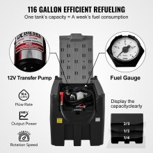 VEVOR Tanque de Diésel Portátil de Polietileno Tanque de Combustible Diésel de 116 Galones con Bomba de Transferencia de 12V Almacenamiento de Diesel Negro Flujo Máximo de 10,6 GPM para Camión Tractor