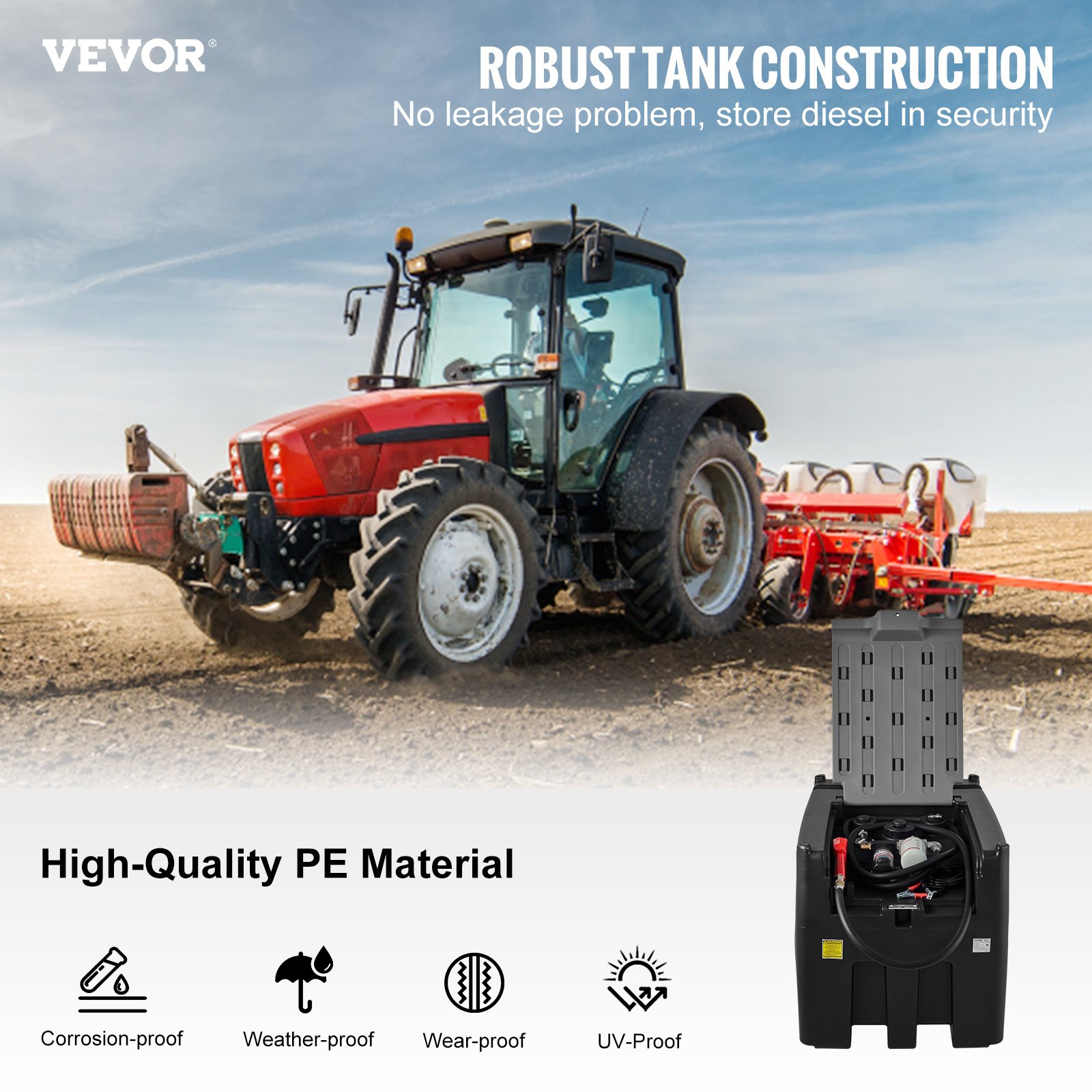 VEVOR Tanque de Diésel Portátil de Polietileno Tanque de Combustible Diésel de 440 L con Bomba de Transferencia de 12V Almacenamiento de Diesel Negro Flujo Máximo de 10,6 GPM para Camión Tractor