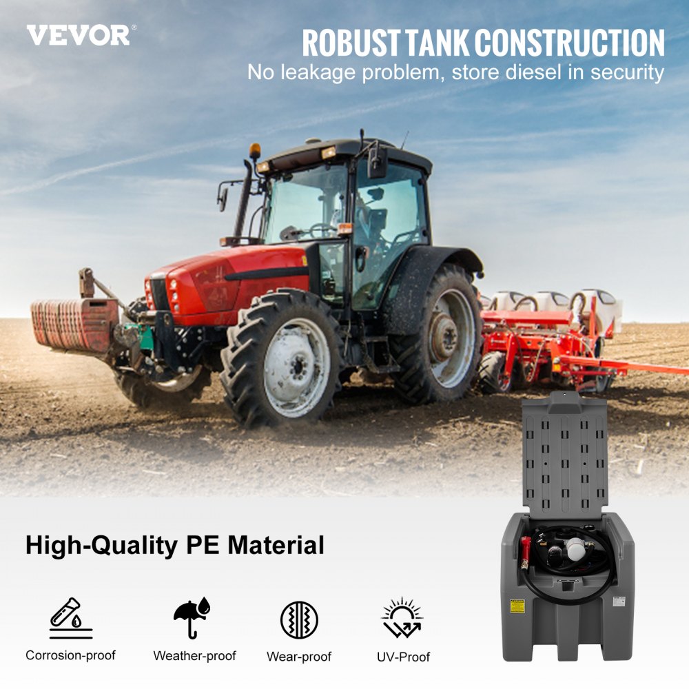 Tractor rojo en un campo con tanque diésel portátil VEVOR, resaltando la construcción robusta y el material pe.