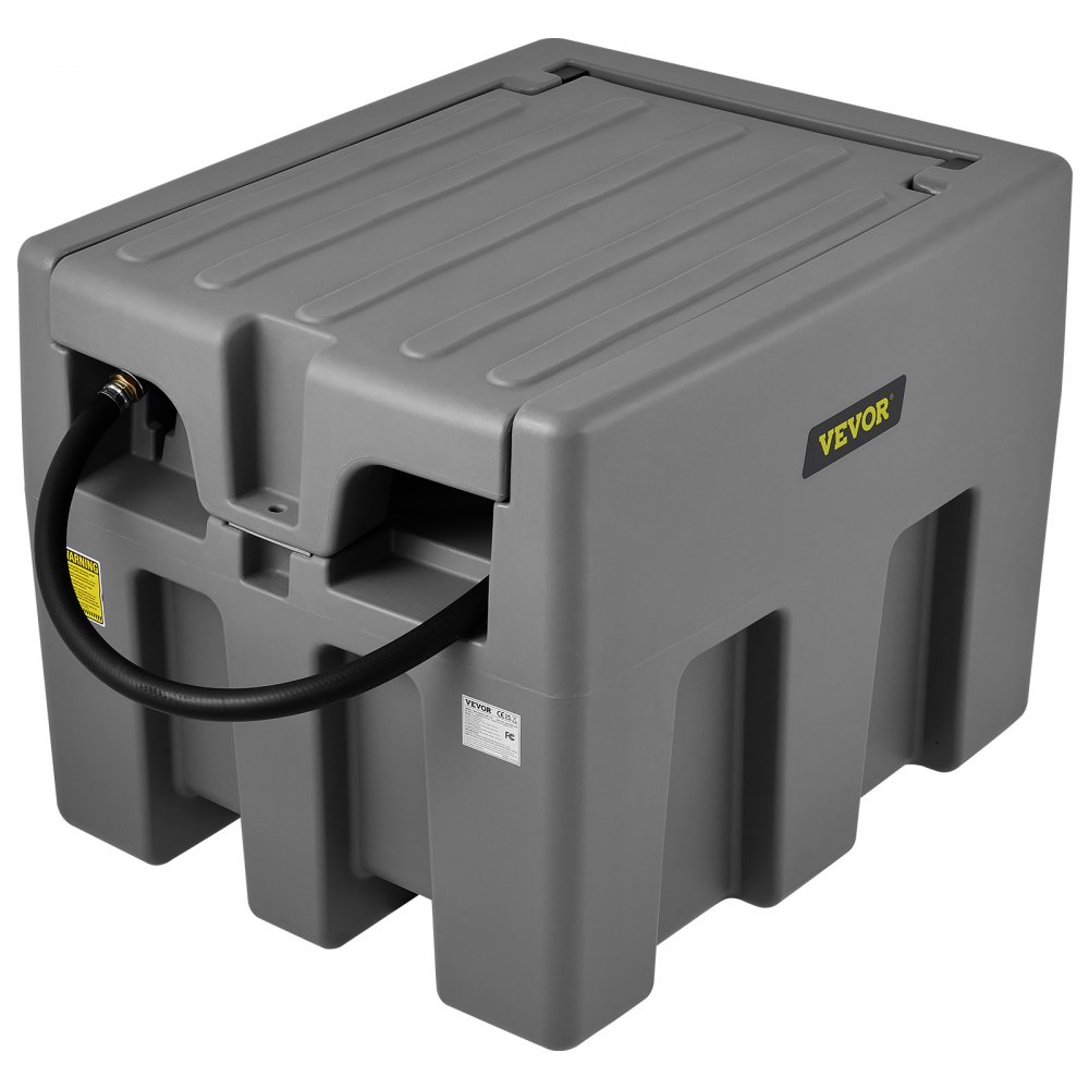 Tanque diésel portátil VEVOR gris con manguera y almacenamiento incorporado, diseñado para un cómodo transporte de combustible.