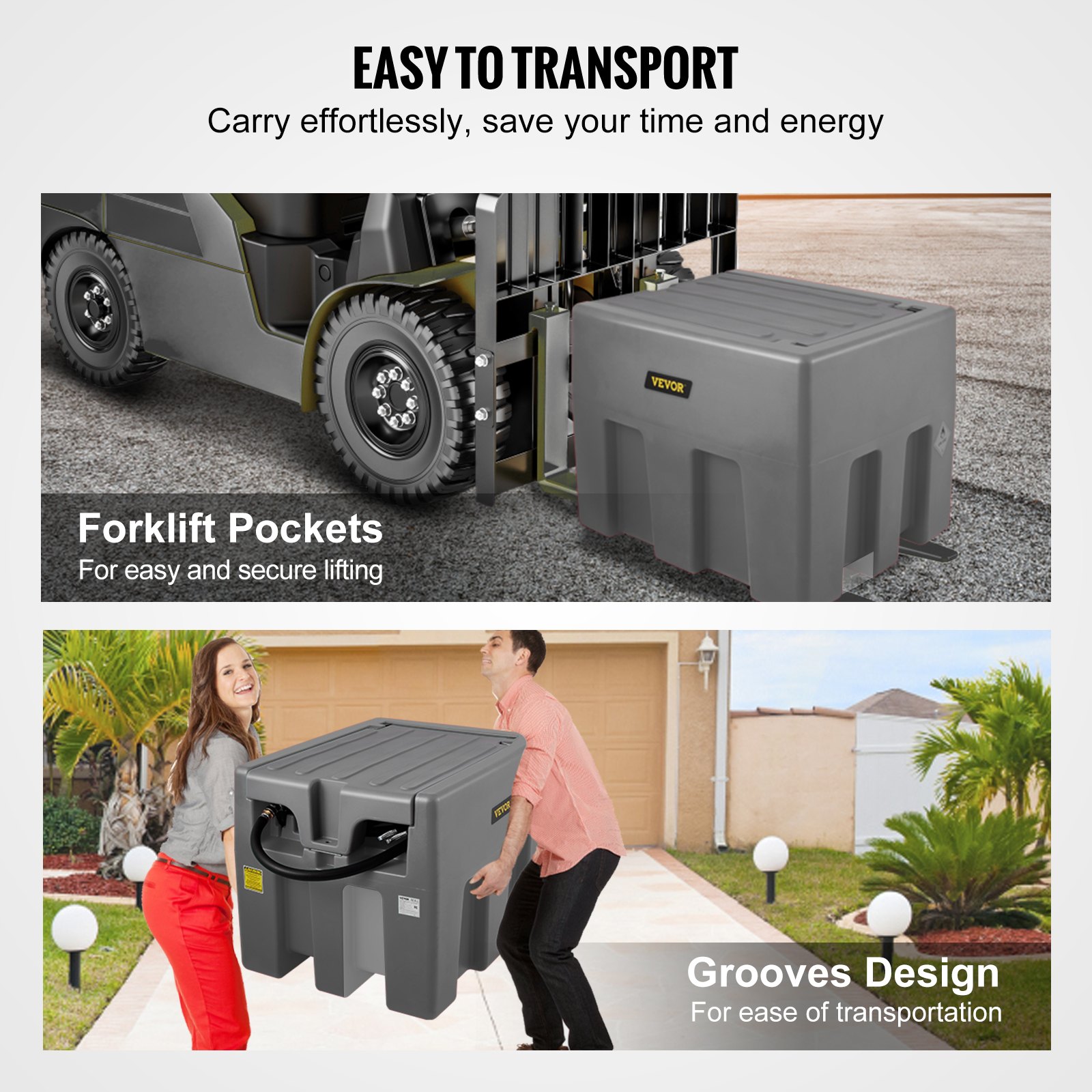 Tanque diésel portátil VEVOR con diseño de bolsillos y ranuras para carretilla elevadora para un transporte fácil y seguro.