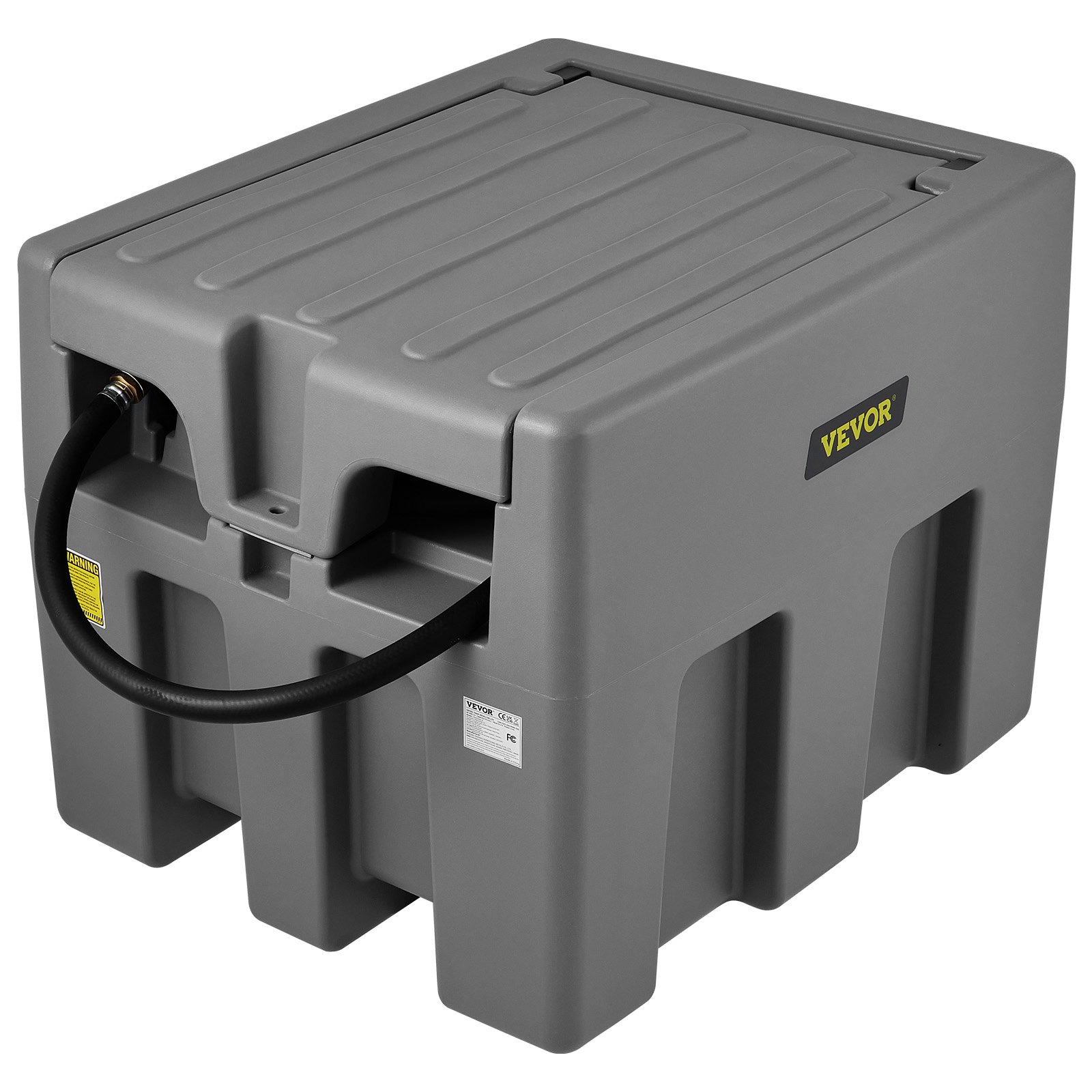 Tanque diésel portátil VEVOR gris con manguera y almacenamiento incorporado, diseñado para un cómodo transporte de combustible.