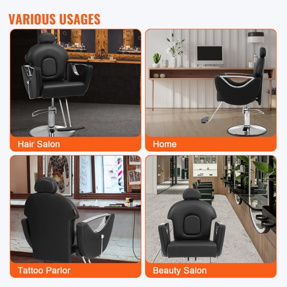 VEVOR Sillón de Peluquería Inclinable 90°-130° Sillón de Peluquería Hidráulico Giratorio 360° 150 kg Altura Regulable 1090-1250 mm Asiento de Peluquería para Salón Profesional, Champú, Belleza, Negro